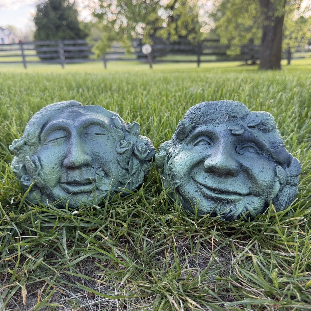 VTG Whimsical Faux Stone Hippie Man Rock Head Smiling Head Statues Set